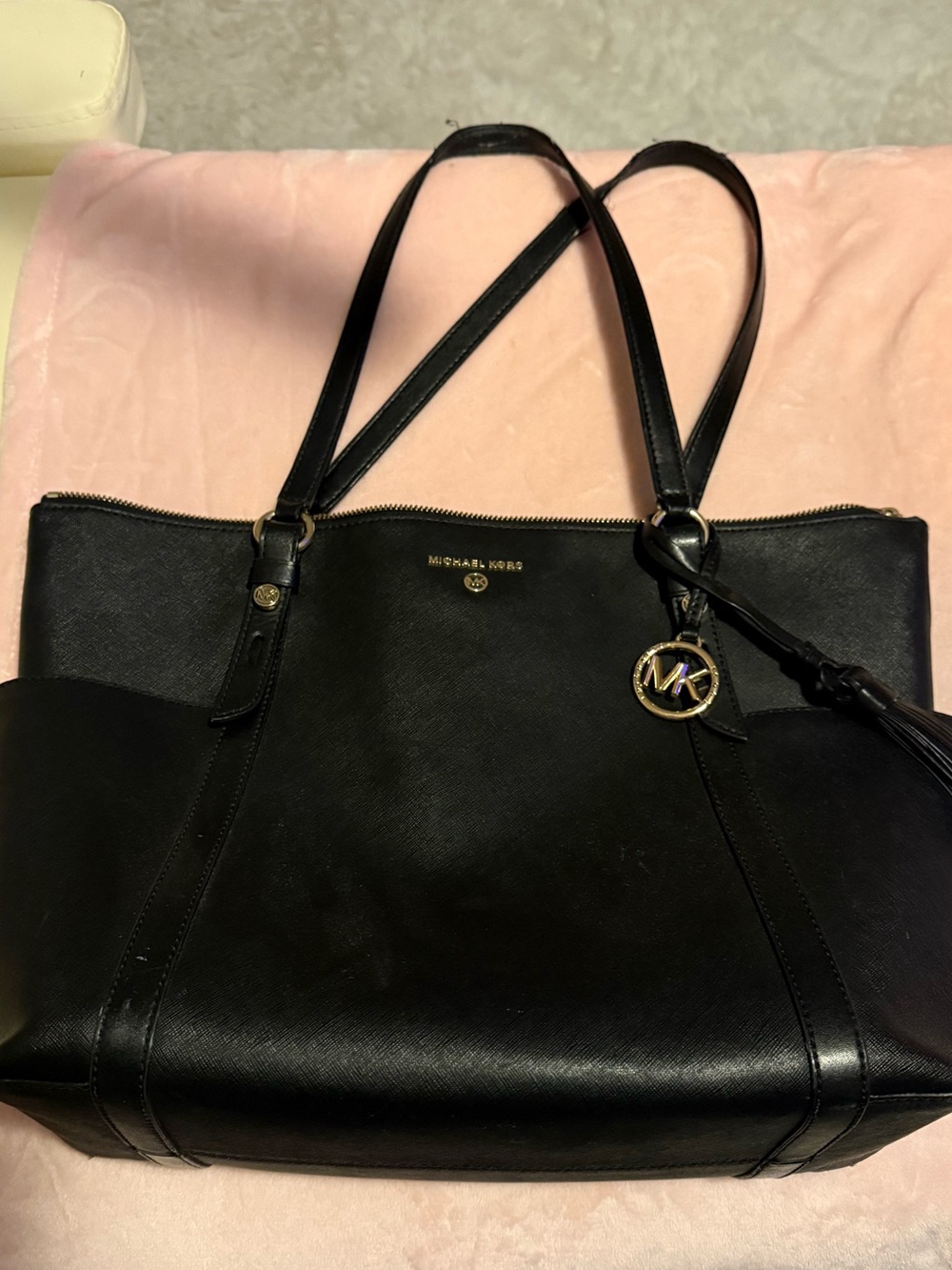 Michael Kors Black Leather Tote with MK Tassel Charm